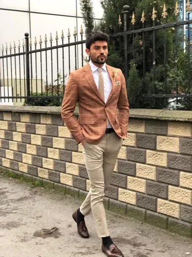 Vista 2 de HUUTOE Blazer a cuadros para hombre, chaqueta de traje a cuadros, ajuste delgado, casual, solapa con muescas, dos botones, abrigo deportivo