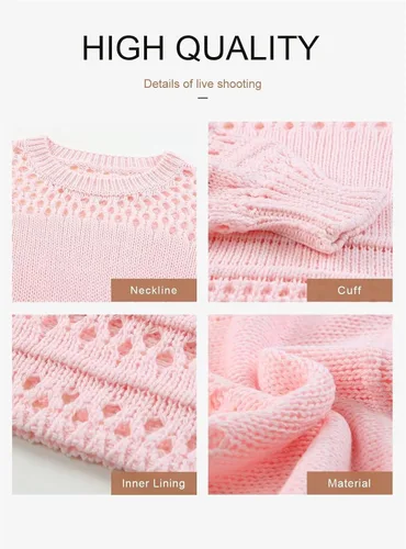 Vista 6 de Dokotoo Suéter de manga larga tipo farol para mujer, cuello redondo, de ganchillo, con huecos, suéter de punto