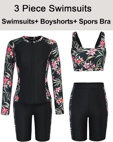 Vista 7 de JACK SMITH Traje de baño de 3 piezas de manga larga con cremallera frontal, tankini UPF 50 para mujer
