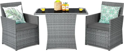Vista 14 de Tangkula Juego de comedor de mimbre de 3 piezas, 2 sillas de ratán con mesa de comedor rectangular de vidrio templado, juego de conversación al aire