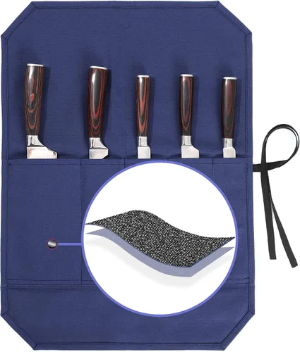 Vista 13 de Bolsa para cuchillos de chef, rollo para cuchillos con 4 ranuras, forro de tela especializado resistente a cortes, lona encerada resistente de 16
