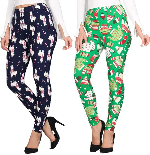 Vista 23 de Lildy - Leggings súper suaves lisas e impresas para mujer, elásticas sin transparencias Rayas negras y rojas/paquete de dos negras