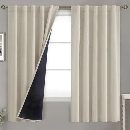 Vista 158 de BGment Cortinas 100% opacas beige de 63 pulgadas de largo con forro aislante térmico, bolsillo para varilla y lengüeta trasera de doble capa