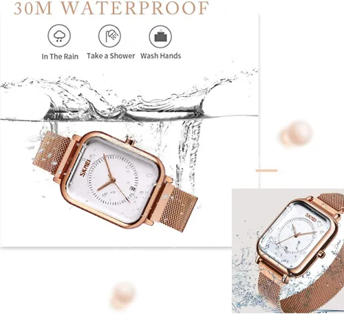 Vista 5 de SKMEI Reloj de pulsera para hombres y mujeres, reloj analógico de cuarzo impermeable a la moda con fecha de hora, esfera rectangular, reloj de mano