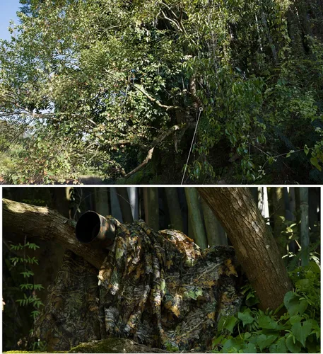 Vista 5 de Ginsco Poncho de camuflaje con hojas 3D Camoflage Woodland Cape ligero Ghillie traje para hombres, capucha Ghillie para caza de pavos, observación
