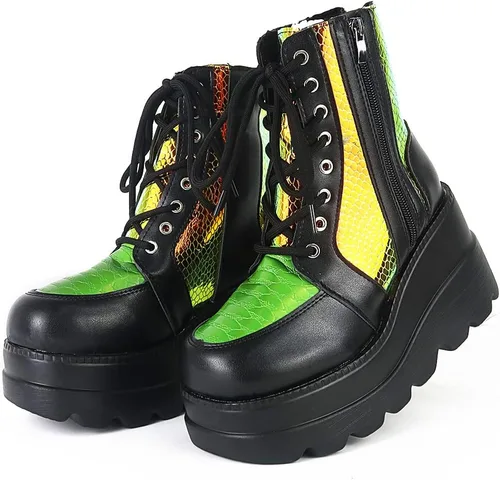 Vista 12 de mikarka Botas holográficas de plataforma para mujer, con cordones en el tobillo, con tachuelas y hebilla, góticas, de cuña apilada, botines de Cuña
