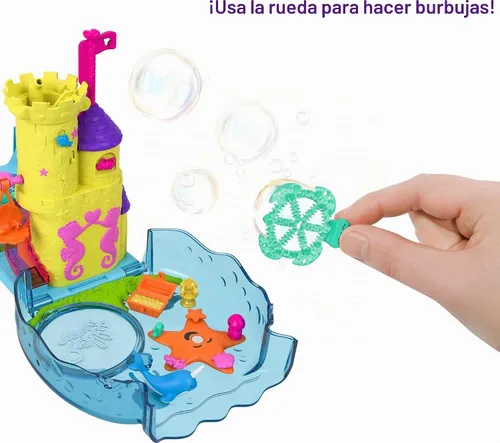 Vista 4 de Polly Pocket Acuario con tema submarino, 2 características de fabricación de burbujas, piscina, micro polly y muñeca de sirena, solución de burbujas