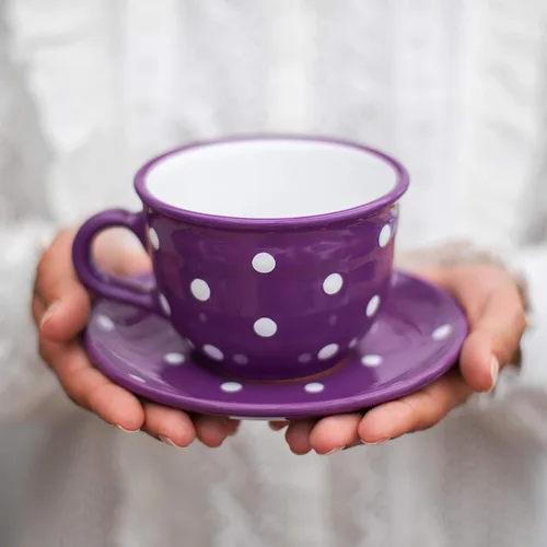 Vista 19 de City to Cottage Taza y platillo de café capuchino de cerámica grande de lunares blancos y negros hechos a mano de 12 oz/11.8 fl oz, cerámica