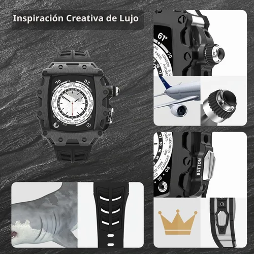 Vista 8 de Funda de metal de lujo con correa para Apple Watch Series 9, 8, 7, 1.772 pulgadas, SE 6, 5, 4, 1.732 pulgadas, protector de pantalla resistente Negro