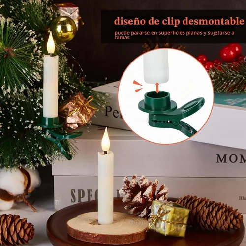 Vista 7 de IMAGE Juego de 12 velas LED cónicas sin llama, velas de marfil con mecha 3D con diseño de árbol de Navidad con clip, control remoto de 10 teclas