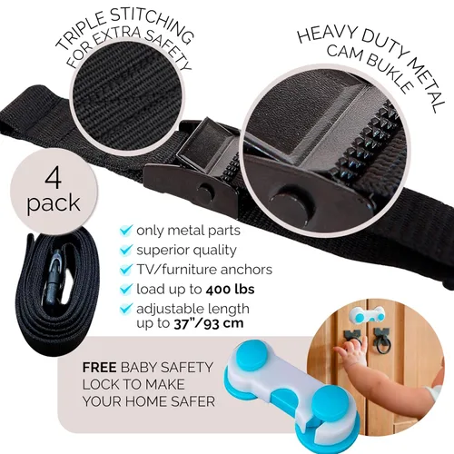 Vista 4 de Family Care Correas de seguridad para TV 4 paquetes+regalo - Correas de metal para muebles a prueba de bebés - Correas de TV de seguridad