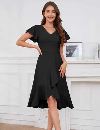 Vista 3 de DRESSTELLS Vestidos formales para mujer 2023 con volantes, cuello en V, vestido de cóctel, fiesta de té, vestido modesto de iglesia para invitados