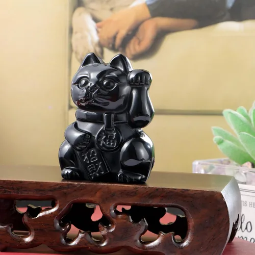 Vista 5 de Artistone Black Obsidian Crystal Maneki Neko Money Feng Shui Fortune Lucky Cat Collectible Figurine Gemstone Sculpture for Attract Wealth Good Luck