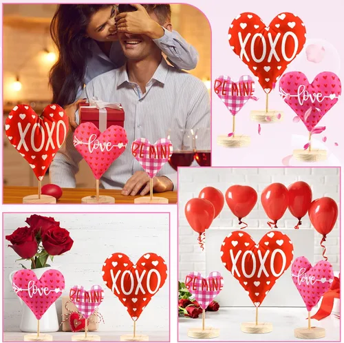 Vista 7 de 3 piezas de adornos de corazón de tela para el día de San Valentín, letrero de amor de madera Love Be Mine para chimenea, decoración rústica