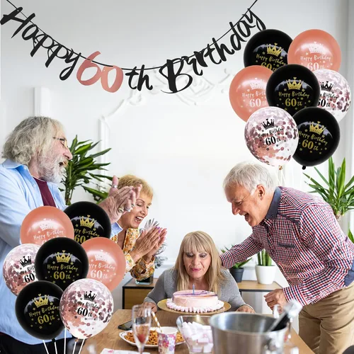 Vista 5 de Kit de decoración de cumpleaños número 60, 16 piezas de decoraciones de cumpleaños de oro rosa negro con banderines de feliz cumpleaños 60, globos