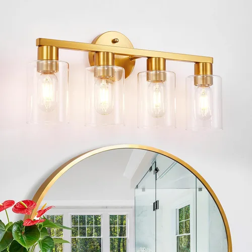 Vista 14 de Lámpara de tocador de baño de 4 luces, lámparas de baño negro mate con pantalla de vidrio transparente, 4 luces de tocador, accesorios