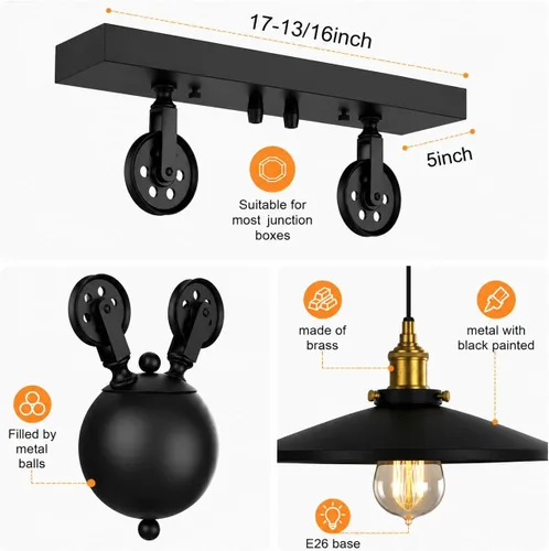 Vista 3 de WINSOON Lámpara de 3 cabezas con diseño de poleas creativo, hierro pintado de negro, luz para isla, bar, colgante retro Matte Black Metal E26