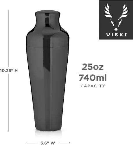 Vista 3 de Viski Coctelera parisina contorneada de acero inoxidable pulido de alto brillo con tapa y colador integrados, color negro, juego de 1 unidad de 25