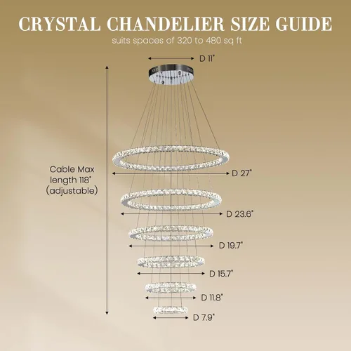 Vista 3 de Siljoy Moderna lámpara de araña de cristal, 6 anillos, lámpara de techo LED con 3 colores, lámpara de techo alto para sala de estar, comedor