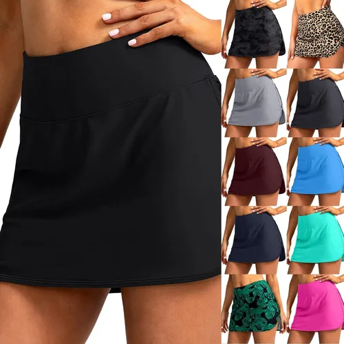 Vista 2 de Falda de natación para mujer con pantalones cortos integrados de cintura alta, falda de traje de baño deportivo para yoga, falda de traje de baño