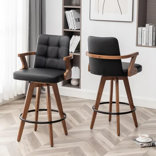 Vista 17 de MEKLIBA Taburetes de bar de 26” de altura de mostrador, Silla de bar tapizada en cuero, Taburetes giratorios con respaldo y brazos, Juego moderno