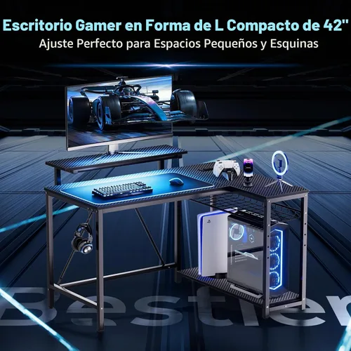 Vista 3 de Bestier - Escritorio de juegos con tomas de corriente, escritorio para computadora de 42 pulgadas en forma de L con luces LED, escritorio