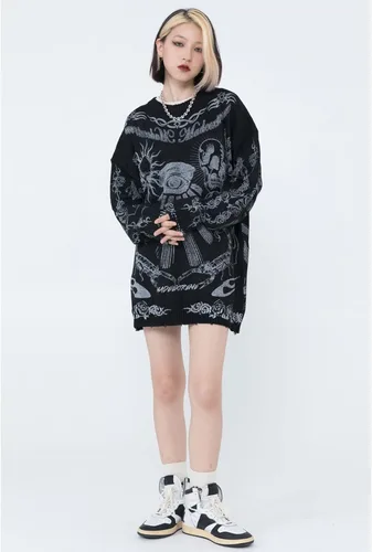 Vista 6 de Suéter gótico, suéter oscuro, suéter Harajuku, ropa deportiva, casual, con estampado de cabeza, suéter térmico de calle, hip hop
