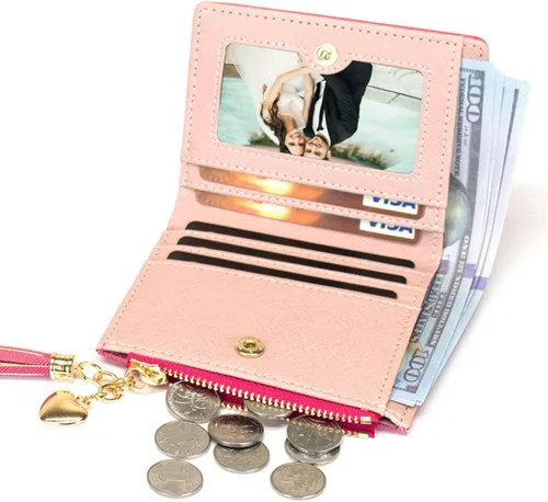 Vista 5 de Cartera pequeña para mujer con bolsillo para monedas, plegable, delgada, con cremallera