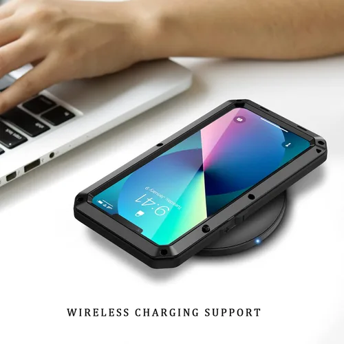 Vista 6 de Lanhiem Funda de metal para iPhone 13, resistente a los golpes, con protector de pantalla de vidrio integrado, funda protectora de cuerpo completo