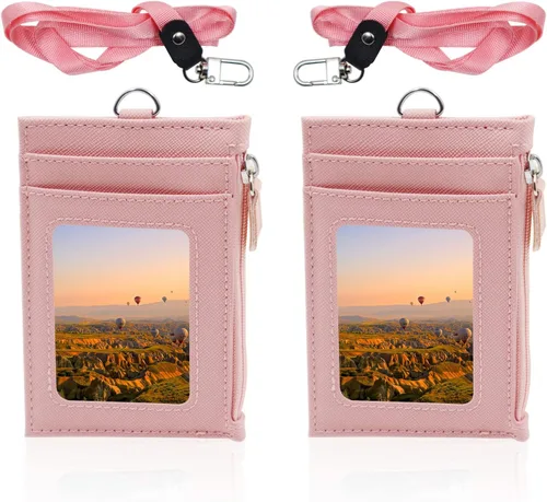 Vista 10 de Paquete de 2 portatarjetas de piel sintética con bolsillo con cremallera, cartera con cordón, tarjetero para tarjetas de identificación con 4 Negro