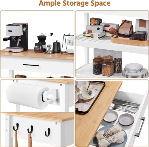 Vista 7 de Yaheetech Carrito de isla de cocina con ruedas con mesa de bambú, carrito de microondas de 3 niveles con cajón para isla de cocina, toalla