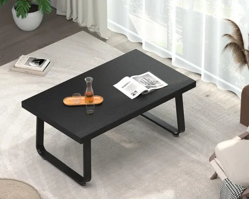 Vista 6 de HSH Mesa de café negra moderna, mesa de centro de madera rústica y metal, mesas de café sencillas de estilo granja para sala de estar, mesa de té