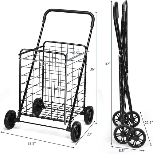 Vista 7 de Goplus Carrito de compras para comestibles, carrito de compras resistente plegable con ruedas, carrito de comestibles portátil colapsable, carrito