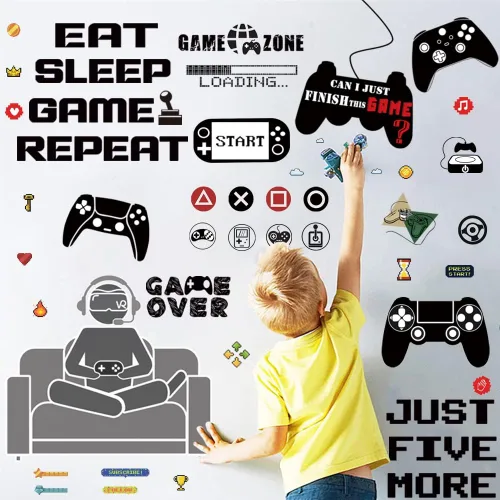 Vista 3 de 48 piezas creativas de decoración de sala de videojuegos, excelente en accesorios y carteles para dormitorio de niños, calcomanías de pared
