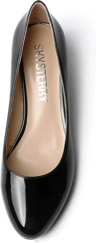 Vista 3 de SKYSTERRY Zapatos de vestir de oficina para mujer, punta redonda, carrete de patente, tacón bajo, zapatos de vestir de oficina de 1.5 pulgadas