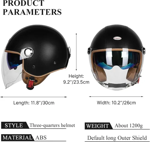 Vista 6 de Cascos de cara abierta para motocicleta, aprobados por el DOT, 3/4, casco para motoneta con visera dual, hebilla de liberación rápida, cascos