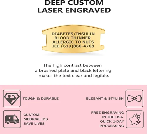 Vista 2 de Pulsera de Alerta Médica Elástica Oliva Divoti – Etiqueta de ID de Acero Inoxidable Grabada Personalizada – Hipoalergénica, Sin Cierre