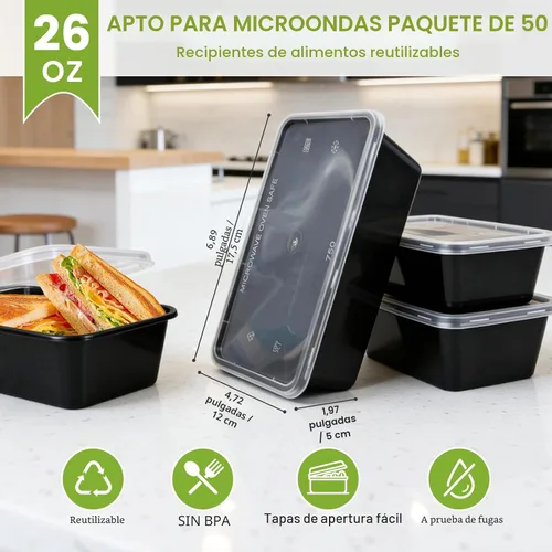 Vista 2 de Paquete de 50 recipientes de preparación de comidas, recipientes de alimentos reutilizables para microondas de 26 onzas con tapas para preparación