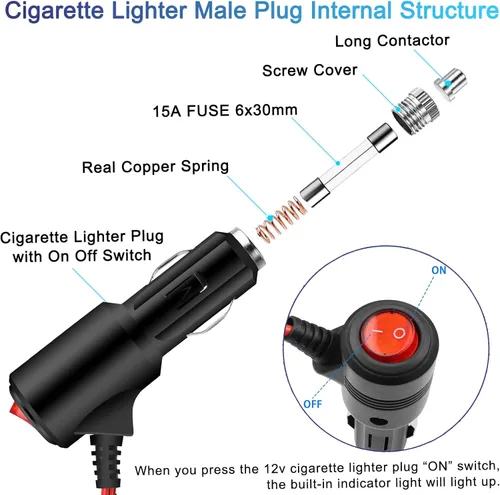 Vista 4 de Enchufe de encendedor de cigarrillos de 12 V con interruptor de encendido y apagado, repuesto de enchufe de encendedor de cigarrillos resistente