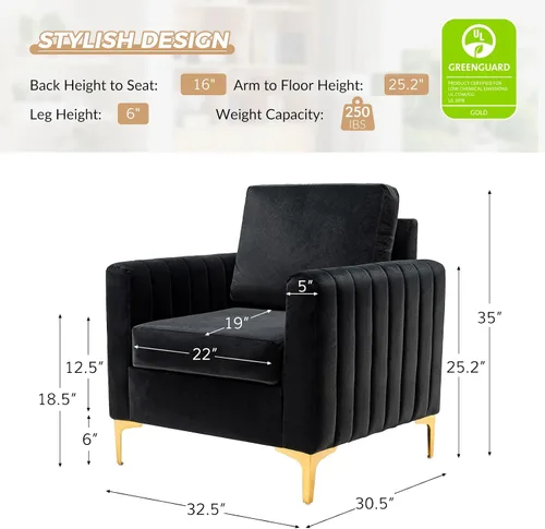 Vista 2 de HULALA HOME Silla de club de acento de terciopelo, sillón de terciopelo moderno tapizado de club con patas de metal dorado de mediados de siglo
