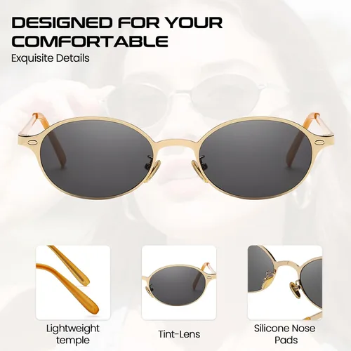 Vista 3 de Lentes de sol ovalados de moda para mujer, marco dorado pequeño, diseño de moda, con protección UV400