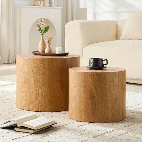 Vista 3 de WILLIAMSPACE Juego de 2 mesas de centro anidables, mesas de centro redondas de madera, mesa moderna circular para espacios pequeños, sala de estar