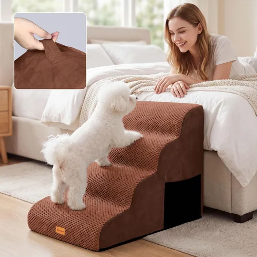 Vista 7 de Escaleras de 4 escalones para perros pequeños, escalones de espuma antideslizante para mascotas para camas altas Marrón