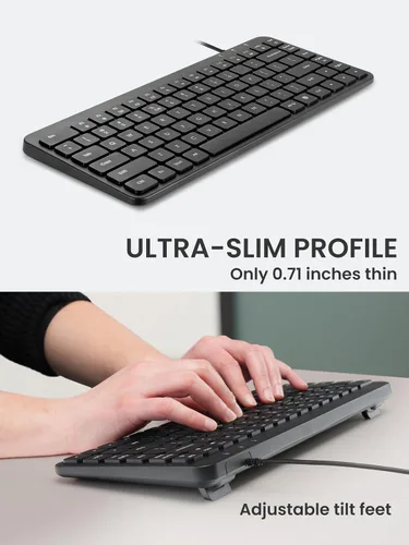 Vista 4 de Perixx PERIBOARD-414U - Mini teclado USB con cable, compacto, 12.24 x 5.32 x 0.71 pulgadas, Plug and Play, negro, diseño en inglés de EE. UU