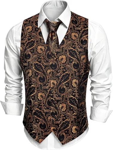 Vista 2 de DiBanGu Conjunto de 5 chalecos de seda con corbata y corbatín para hombre Paisley oro negro