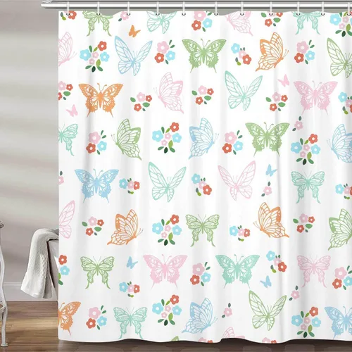 Vista 2 de Cortina de ducha con diseño de mariposas, diseño floral, moderna, femenina, para baño, accesorios de baño para niños con ganchos, 47 x 64 pulgadas