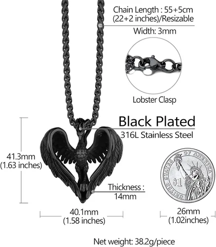 Vista 5 de Richsteel Phoenix/Wolf/Rock Hand/Skeleton Necklace for Men Phoenix Negro