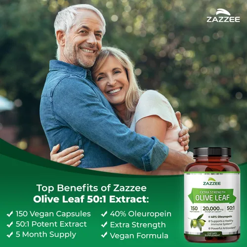 Vista 3 de Zazzee Extracto de hoja de olivo extra fuerte 50:1, 40% de oleuropeína, 150 cápsulas veganas, suministro para 5 meses, Olea Europaea, fuente