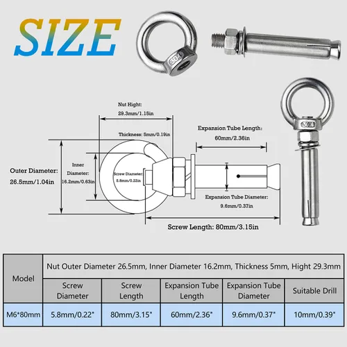 Vista 2 de Perno de ojo de acero inoxidable para pared, hormigón, ladrillo de anclaje, pernos de expansión de anillo, tornillo de ojo de anclaje resistente 4