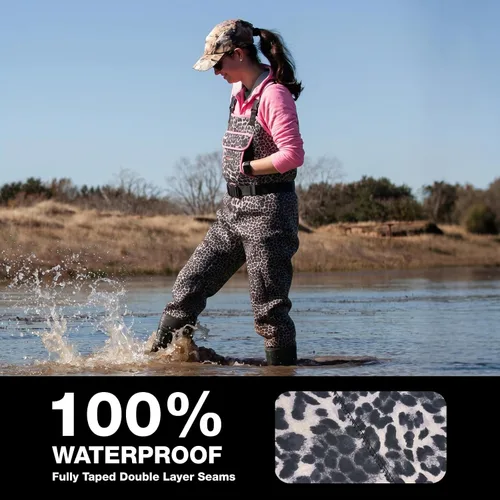 Vista 2 de HISEA - Zancudas de neopreno de 4.5 mm para mujer con estampado de leopardo, impermeables, para pesca y caza, con botas aisladas Leopardo árabe
